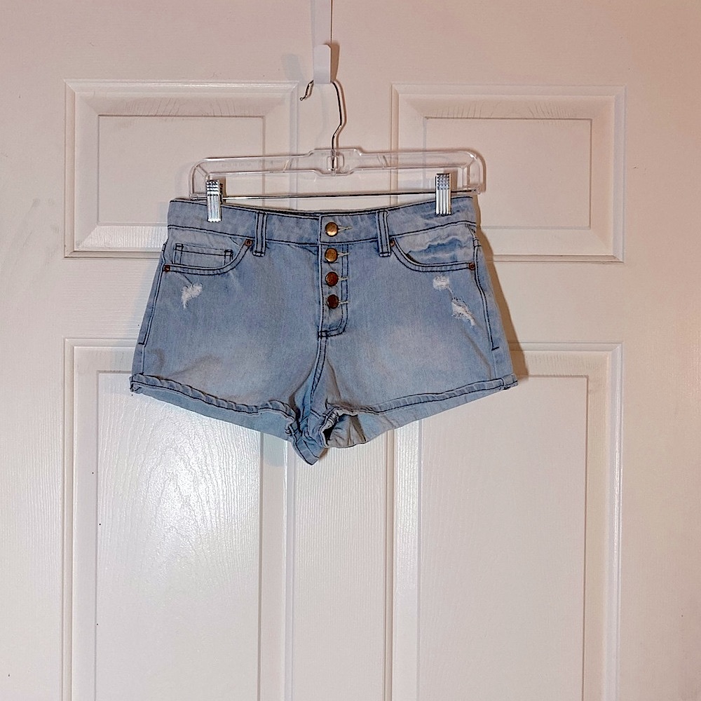 Forever 21 Button Front Light Wash Distressed Jean Shorts